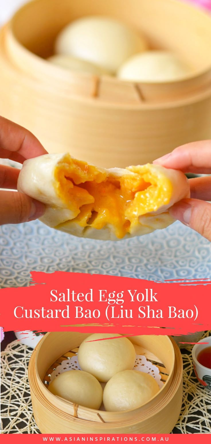 an egg yolk custard bao is being held up to show the contents