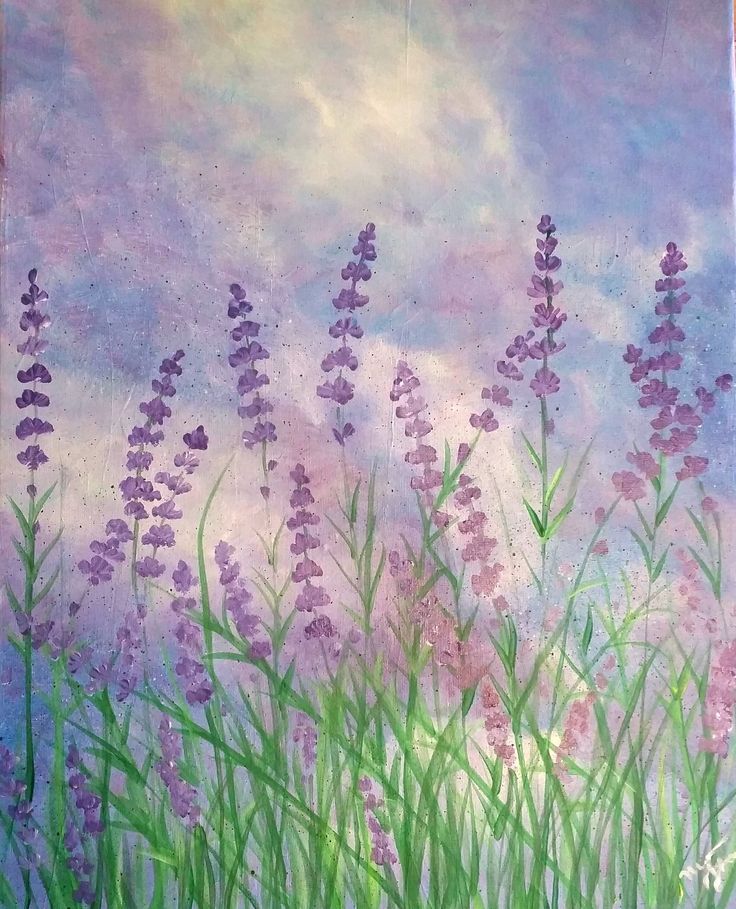 a painting of purple flowers and grass in front of a blue sky with white clouds