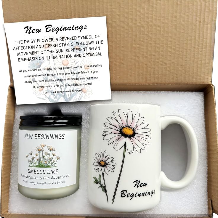 the new beginnings gift set includes a coffee mug, candle and note card in a box