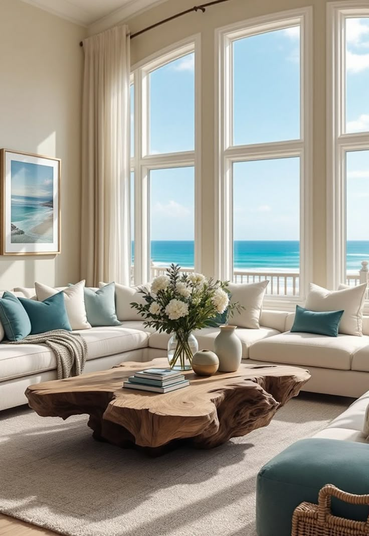 Coastal Living Room Decor Inspiration Relaxed Lounge Room Ideas, Beachy Themed Living Room, Serene Living Room Ideas, Coastal Aethstetic, Moody Beach House, Florida Living Room Ideas, Beachy House Decor, Neutral Coastal Living Room, How To Wallpaper