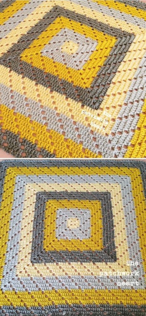 two yellow and gray rugs sitting next to each other on top of a floor