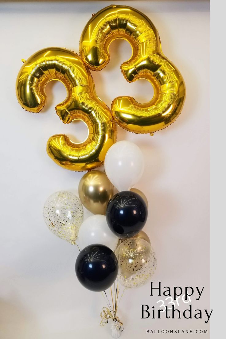 balloons are arranged in the shape of three golden and black numbers on a white background