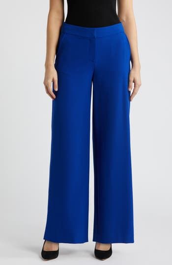 A sweeping wide leg adds casual grace to these staple pants that move from desk to dinner with ease. 31" inseam; 24 1/2" leg opening; 11" front rise; 15 1/2" back rise Zip fly with hook-and-bar closure 96% polyester, 4% elastane Dry clean Imported Tailored Blue Wide Leg Pants For Office, Blue Wide Leg Pants For Office, Tailored Blue Wide Leg Pants For Work, Blue Tailored Wide Leg Pants For Work, Blue Wide Leg Straight Pants For Office, Tailored Wide Leg Blue Pants, Blue Tailored Wide Leg Pants, Tailored Blue Wide Leg Pants For Formal Occasions, Tailored Wide Leg Blue Pants For Formal Occasions