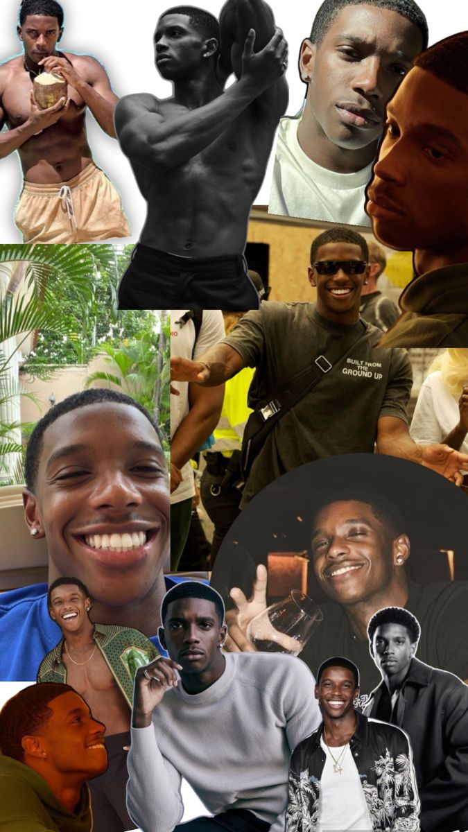 the collage shows many different people smiling and posing for pictures, including one man with no shirt on