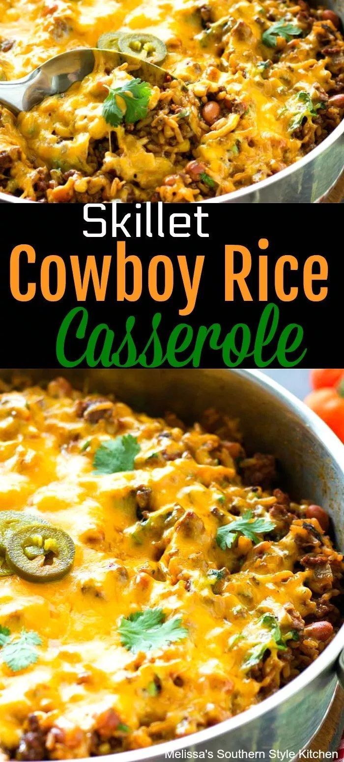 skillet cowboy rice casserole with green peppers and jalapenos in it