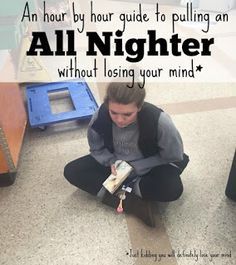 a young man sitting on the floor with a book in his hand and an all nighter quote above him