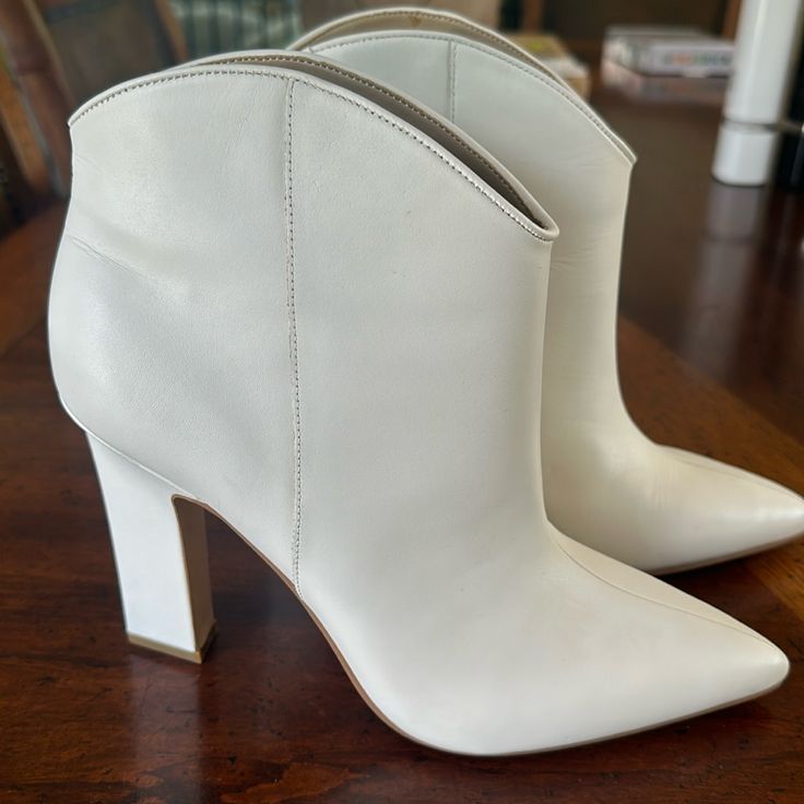 Beautiful White Leather Bootie With Sculptural Heel. These Beautiful Creatures Gave Never Been Worn Elegant Spring Booties With 4-inch Heel, Closed Toe Heeled Boots For Spring Office Wear, Spring Office Heeled Boots With Closed Toe, Elegant Spring Workwear Booties, White Heeled Boots With Sculpted Heel For Spring, Formal Spring Booties With 4-inch Heel, Formal Spring Booties With Block Heel, Spring Formal Booties With Block Heel, Cream Heeled Boots For Formal Spring Occasions