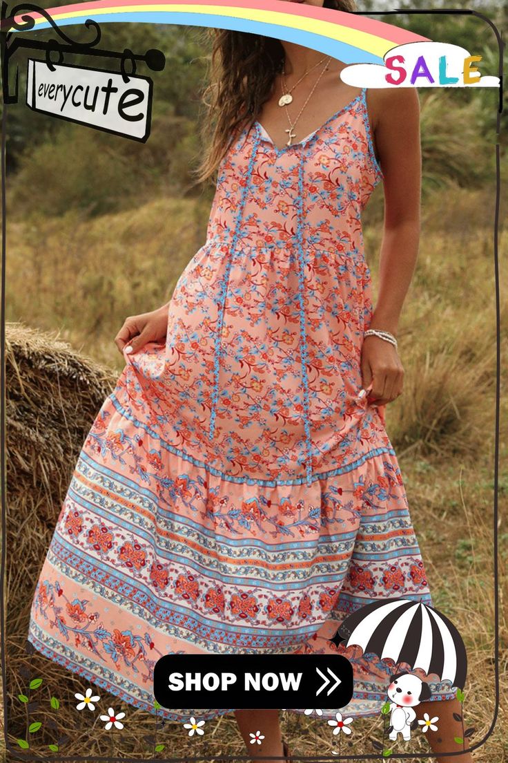 Fashion Casual Print Split Joint V Neck A Line Dresses Sleeveless Fall Vacation Dresses, Fall Vacation Sleeveless Dress, Sleeveless Dresses For Fall Vacation, Sleeveless Maxi Dress For Fall Vacation, Sleeveless Maxi Dress For Vacation In Fall, Sleeveless Bohemian Midi Dress For Fall, Bohemian Sleeveless Midi Dress For Fall, Fall Bohemian Sleeveless Midi Dress, Floral Printed Dress