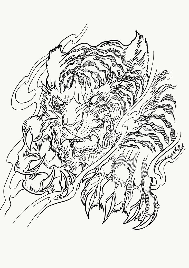 a black and white drawing of a tiger's head with flames coming out of it