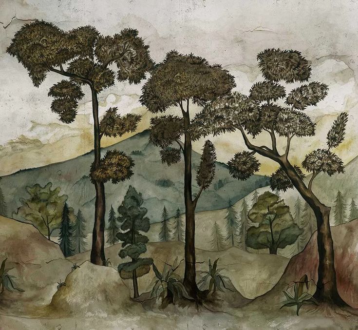 a painting with trees and mountains in the background