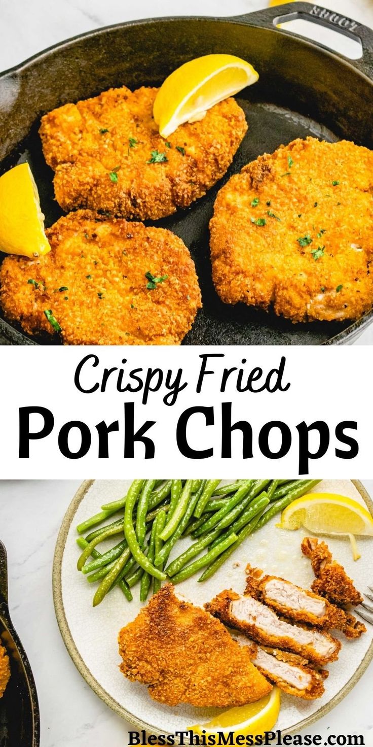 crispy fried pork chops in a skillet with green beans and lemon wedges