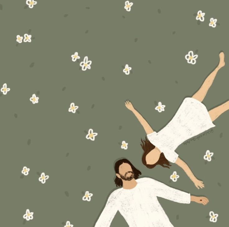 two people are floating in the air with flowers all around them and one person is wearing white