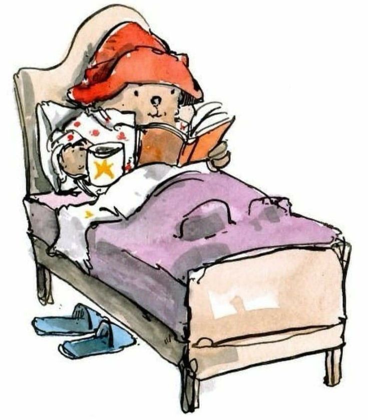 a drawing of a teddy bear laying in bed reading a book and drinking from a cup