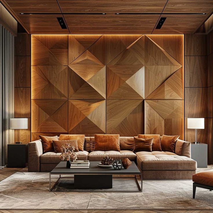 a modern living room with wood paneling and couches in front of the wall