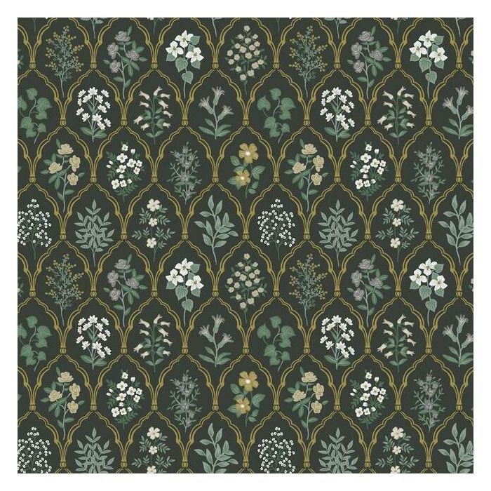 an art deco wallpaper with flowers and leaves on black, gold and green background