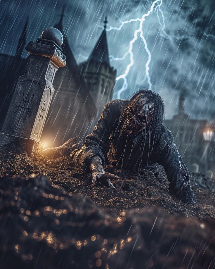 a creepy looking man laying on the ground in front of a castle with lightning coming from behind him