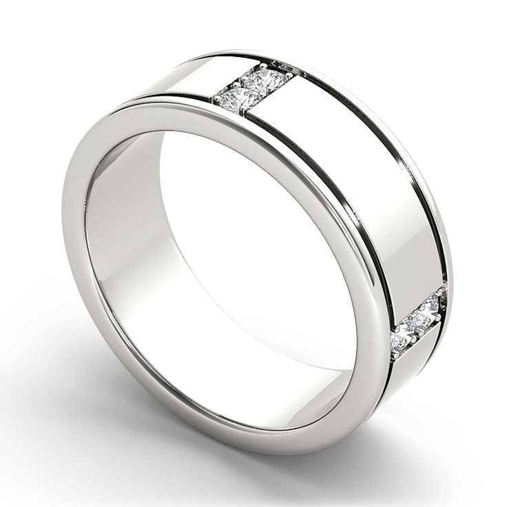 a white gold wedding ring with three princess cut diamonds on the side, set in 18k white gold