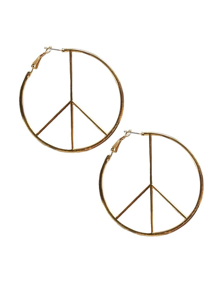 pair of gold tone hoop earrings with peace sign on the front and back, set against a white background