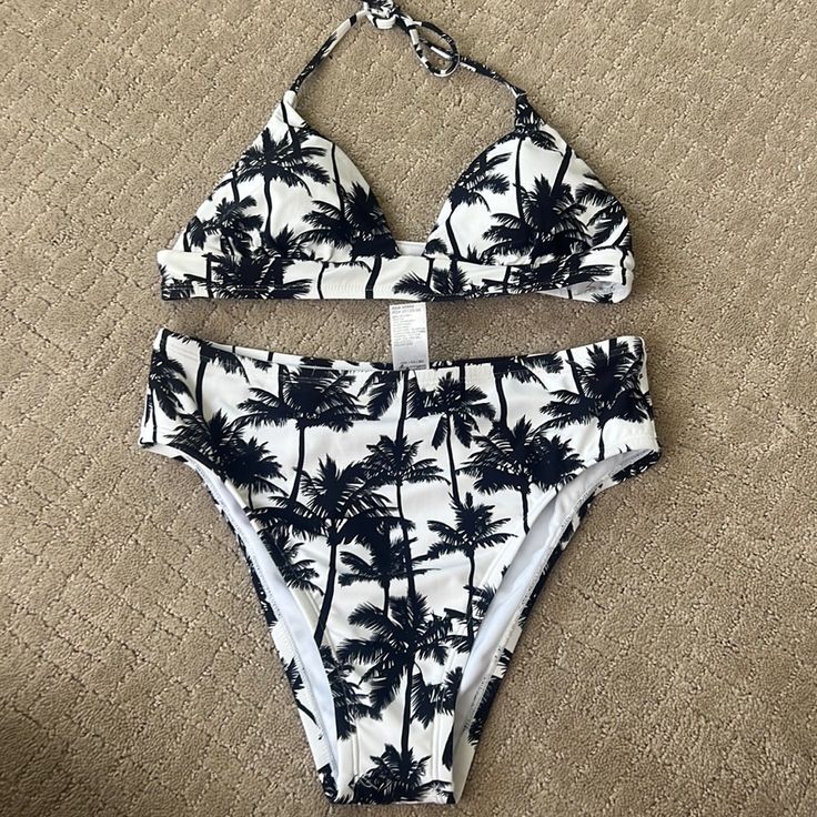 High Waisted Palm Tree Bikini. Size M. White Tropical Tankini For Vacation, Tropical White Tankini For Vacation, White High Waist Tankini For Vacation, White High-waist Tankini For Vacation, White High Waist Summer Tankini, White High Waist Tankini For Sunbathing, White High Waist Poolside Tankini, White High Waisted Tankini For Beach, White High Waist Tankini For Poolside