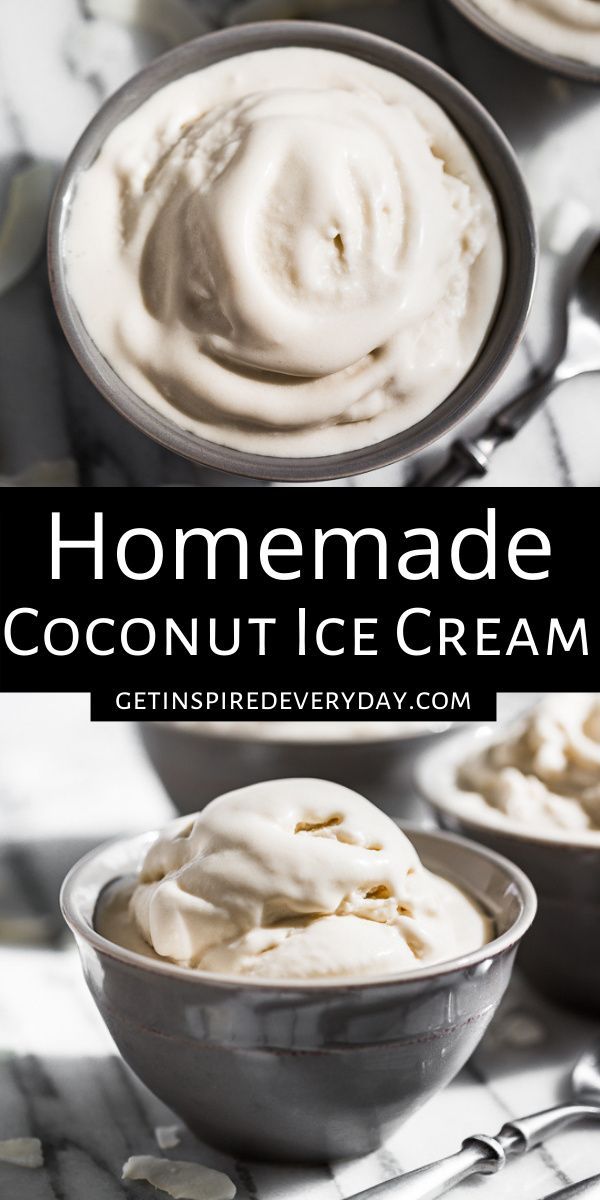 homemade coconut ice cream in small bowls with spoons on the side and text overlay