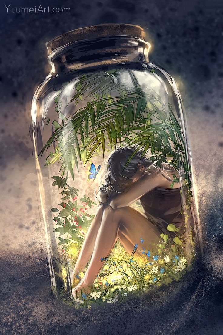 a woman in a jar with plants inside