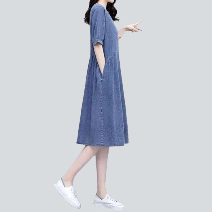 Feel the nostalgia of the '90s with our 2023 Spring-Summer Collection elegant half-sleeve denim dress! Be the trendsetter you're meant to be and embrace the trend renaissance with this stylish and durable piece that will have you radiating confidence and style.Why You'll Love It: 90s Style: Get that vintage-inspired look and make a statement with a classic design. Monochrome: With a sleek. slim fit. this traditional design will never go out of style. Long: With a pull-on closure. this dress is p Denim Blue Short Sleeve Dresses With Pockets, Blue Non-stretch Denim Dress With Short Sleeves, Denim Midi Dress With Pockets And Short Sleeves, Casual Mid-length Denim Dress, Spring Dresses With Pockets And Half Sleeves, Trendy Denim Blue Short Sleeve Dress, Trendy Short Sleeve Dresses With Pockets, Casual Short Sleeve Denim Blue Dress, Casual Short Sleeve Beach Dress For Spring