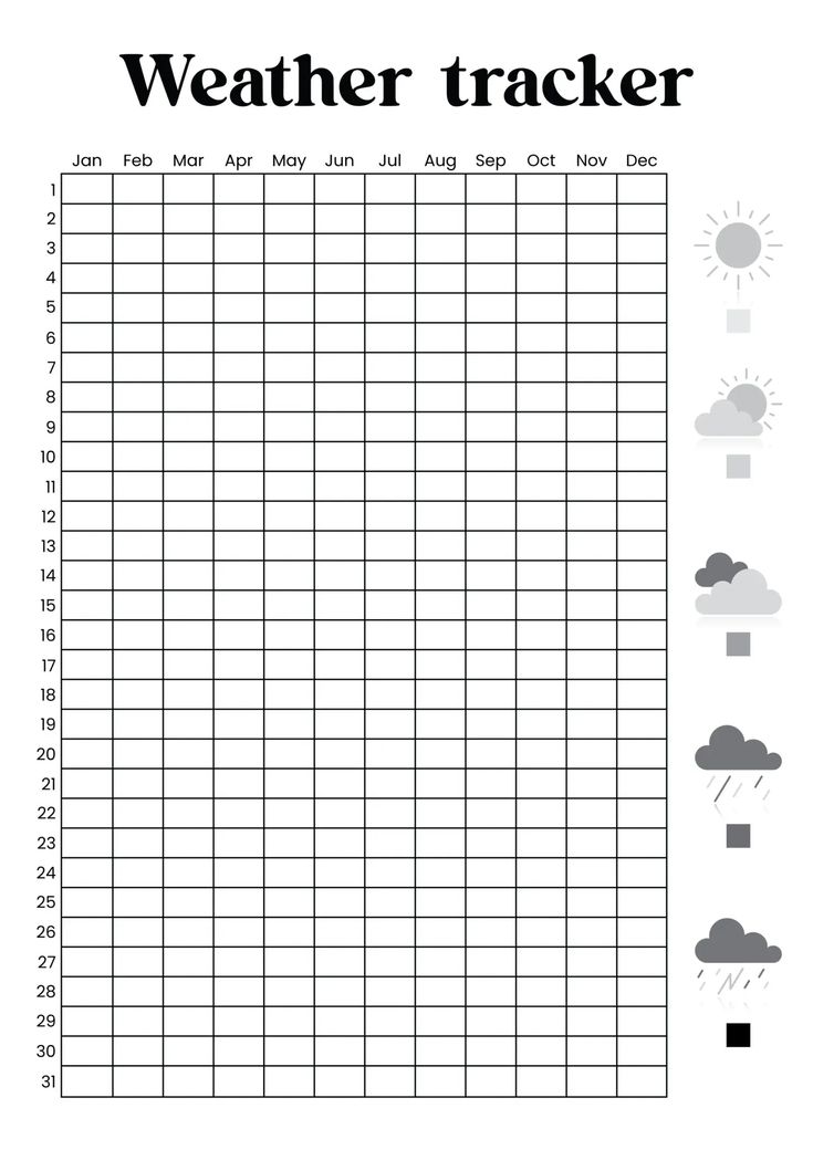 Weather tracker – B&W Journal Weather Tracker, Weather Tracker Printable, Weather Tracker Bullet Journal, Good Notes Daily Planner, Bullet Journal Topics, Bullet Journal Layout Templates, Weather Tracker, Weather Tracking, Bullet Journal Contents