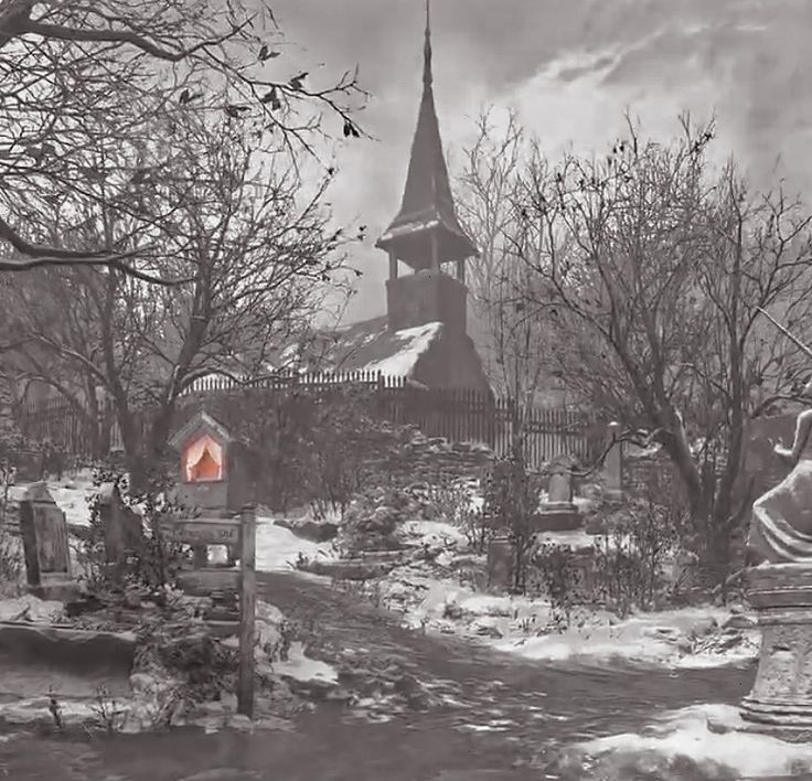 a black and white photo of a church in the snow