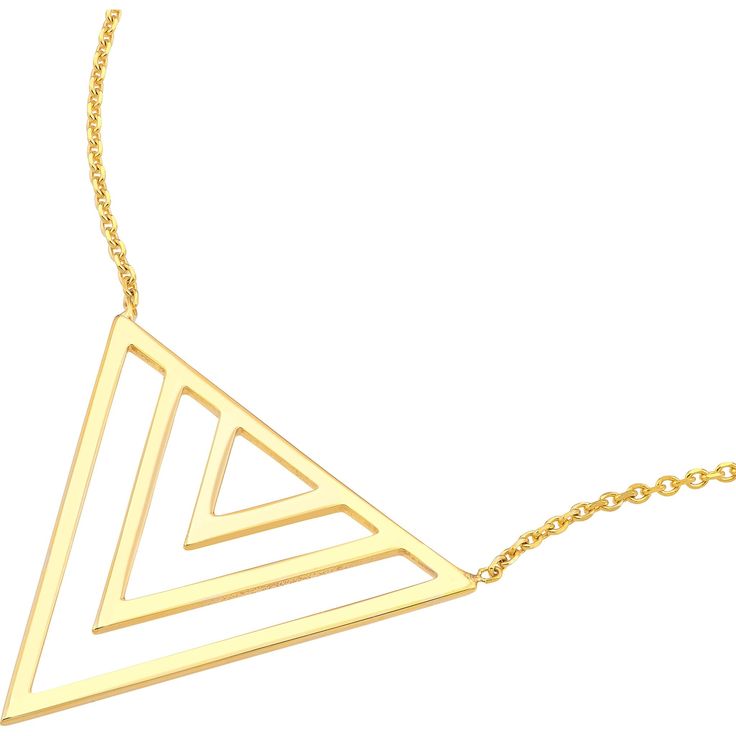 Celebrate the art of fine craftsmanship in this mesmerizing Open Triple Triangle Adjustable Necklace. Awaken your senses with its modern and elegant design that effortlessly elevates your style. Crafted with precision and passion, this necklace is a fusion of art and elegance, where three delicate triangles intertwine, creating a striking geometric masterpiece.Experience the allure of its 14 Karat yellow gold, a metal that embodies luxury and sophistication. The necklace boasts a millimeter widt Modern White Gold Clavicle Chain Necklace, Modern Formal Necklaces With Adjustable Chain, Modern Formal Jewelry With Iconic Design, Modern White Gold Tarnish-resistant Necklace, Modern Yellow Gold Clavicle Chain Necklace, Modern Gold Necklace With Polished Finish, Modern Yellow Gold Clavicle Necklace, Modern Formal Necklace With Delicate Chain, Modern Yellow Gold Necklace With Adjustable Chain