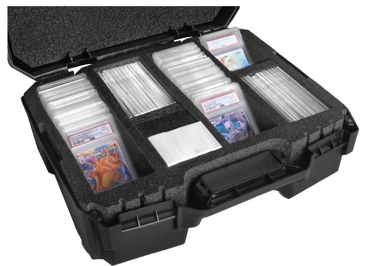 an open case filled with lots of cards and plastic containers on top of each other