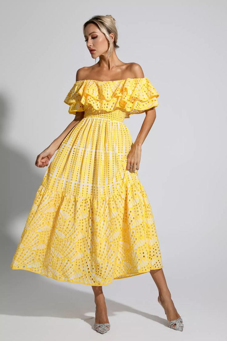 Get the party started in the Malani Yellow Cutout Ruffle Maxi Dress! Featuring a strapless ruffled bandeau top and open back, the dress adds a touch of flirty flair to the overall look. The length of the skirt is super long, which adds an elegant element to the outfit. Complete the chic look with a delicate necklace and earrings!  Dress Length: Approx 120cm Materials: Polyester Gentle Dry Clean Only  Model is 5 ft 7 and wears size S  Colour may vary due to lighting on images. The product images Royale Outfits, Palm Royale, White Off Shoulder Dress, Silver Sequin Top, Glitter Wedding Dress, Elegant Midi Dresses, Ruffle Maxi Dress, Bandage Midi Dress, Shower Inspiration