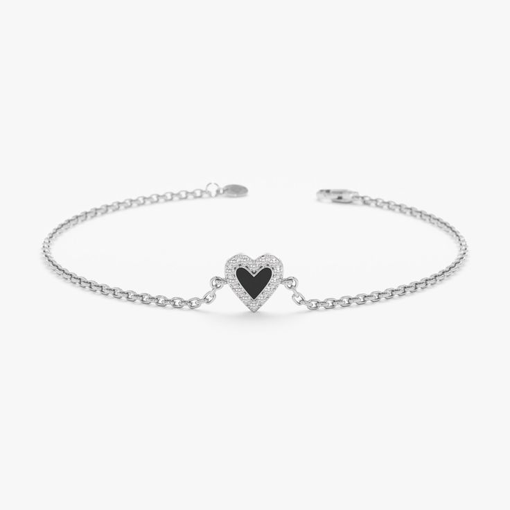 White Gold Diamond and Black Enamel Heart Bracelet Black Heart Bracelet, Elegant White Gold Chain Bracelet For Valentine's Day, Elegant Sterling Silver Heart Bracelet Gift, Elegant Sterling Silver Heart Bracelet For Valentine's Day, Luxury Sterling Silver Bracelets For Valentine's Day, Elegant Heart-shaped Adjustable Bracelets, Elegant Formal Heart Bracelet With Heart Charm, Elegant Formal Heart Bracelet With Charm, Luxury White Gold Bracelet With Heart Charm