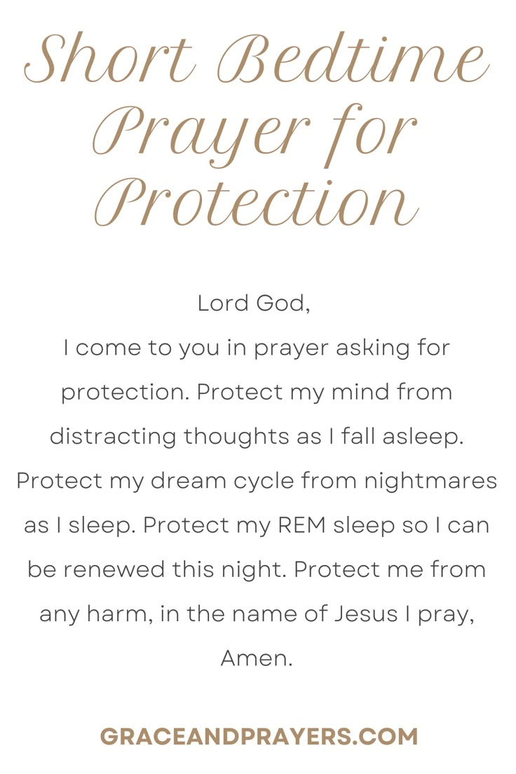 a prayer card with the words short bedtime prayer for protection in gold and white