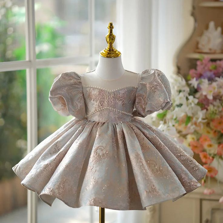 Elegant Girls Satin Flower Party Dress Elegant Floral Applique Ball Gown For Parties, Elegant Fitted Ball Gown With Floral Applique, Princess Style Satin Dress With Fitted Bodice, Elegant Pink Princess Dress For Festive Occasions, Elegant Spring Princess Dress With Fitted Bodice, Elegant Ruffled Princess Dress For Fancy Dress, Elegant Spring Princess Dress For Festive Occasion, Elegant Spring Festive Princess Dress, Elegant Princess Dress With Ruffles And Fitted Bodice