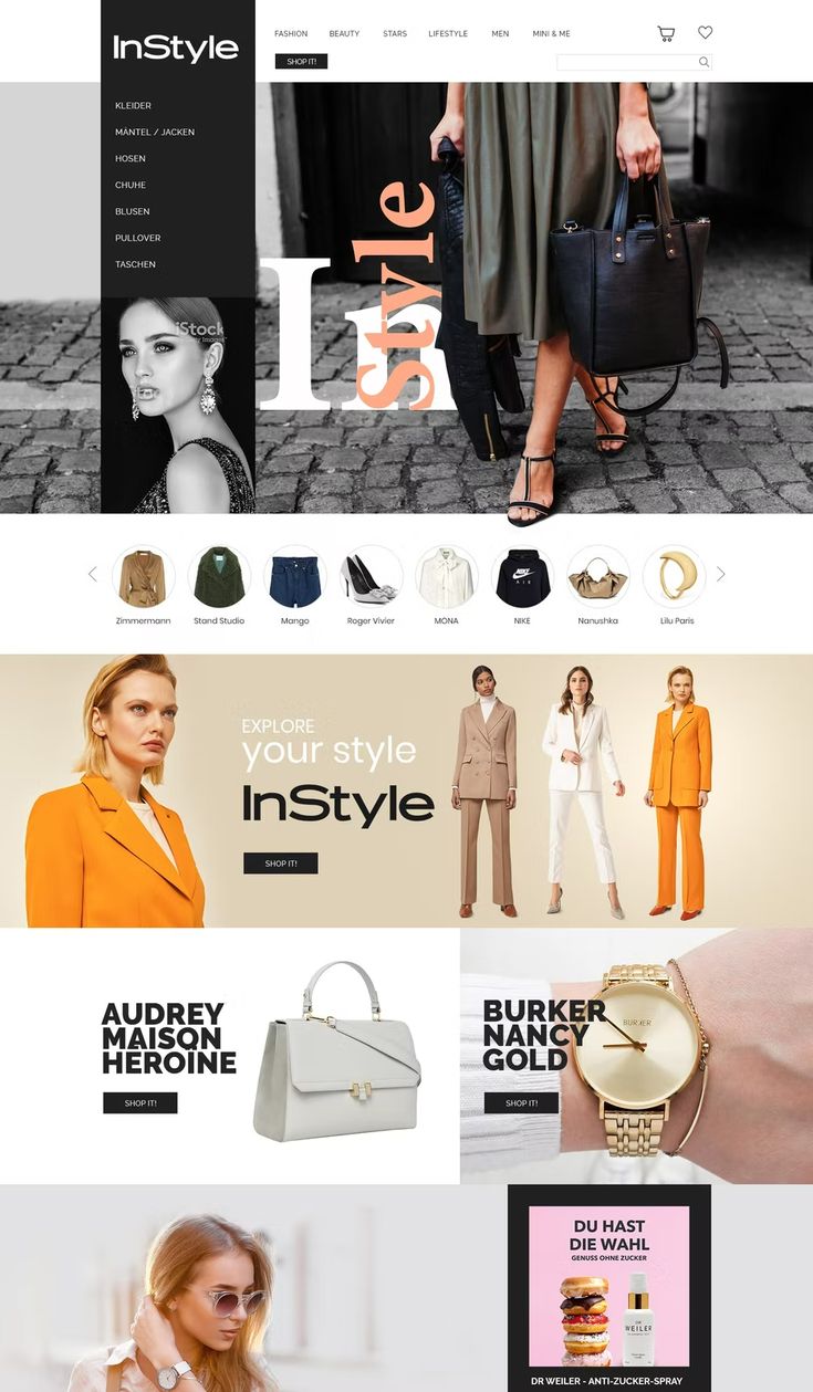 the website for instyle is displayed in multiple colors and sizes, including black, white,