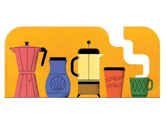 three different types of coffee makers on a yellow background