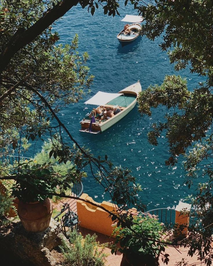 two boats floating on top of a body of water next to trees and bushes in the foreground