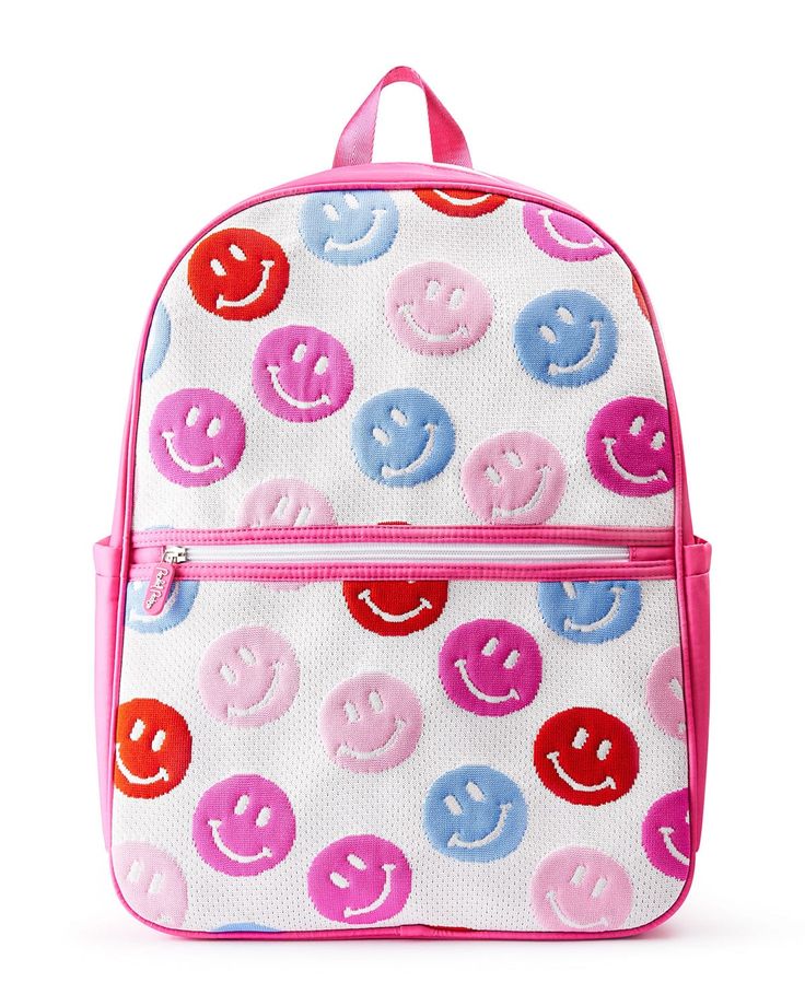 Carry a smile wherever you go thanks to this adorable backpack! Designed in the perfect size to hold your essentials and featuring colorful smiley faces, this backpack is the perfect accessory for school, work, or travel. Complete with side pockets, a laptop sleeve, a front pocket, and ample storage space, this backpack is truly ready to bring on the fun! Knit standard size backpack with smiley face design Laptop sleeve Front pocket & 2 exterior water bottle pockets Adjustable shoulder straps Dimensions: 12"W x 6"D x 17"H Knit jacquard fabric 2 exterior pink pockets for a water bottle Pink nylon adjustable straps & top handle Front zipper pocket Laptop sleeve CARE: Spot clean with a damp white cloth Cute Backpack With Zipper Pocket For Everyday Use, Fun Travel Backpack With Zipper Closure, Playful Backpack For Everyday Use, Playful Everyday Standard Backpack, Playful White Student Backpack, Cute Backpack With Zipper Pocket, Playful Backpack For Daily Use, Playful Standard Backpack For Daily Use, Cute Backpack For Everyday Use And Back To School