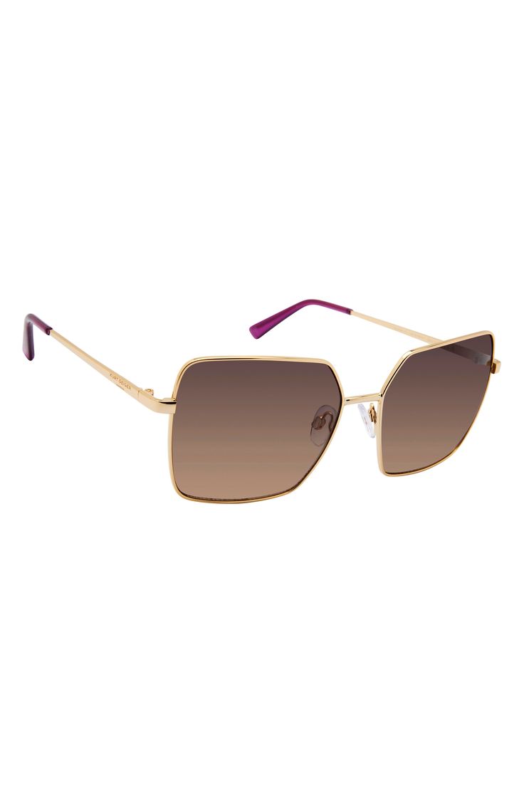 Bold square frames add retro-modern allure to metal sunnies fitted with protective, tinted lenses. 58mm lens width; 16mm bridge width; 140mm temple length 100% UV protection Metal Imported Brown Square Frame Aviator Sunglasses With Metal Frame, Brown Square Frame Metal Aviator Sunglasses, Brown Square Frame Aviator Sunglasses, Brown Metal Frame Square Aviator Sunglasses, Square Frame Aviator Sunglasses With Mirrored Lenses, Modern Brown Shield Sunglasses With Metal Frame, Crystal Purple, Gold Crystal, Retro Modern