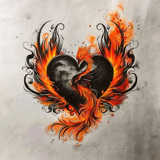 an artistic heart with flames on it