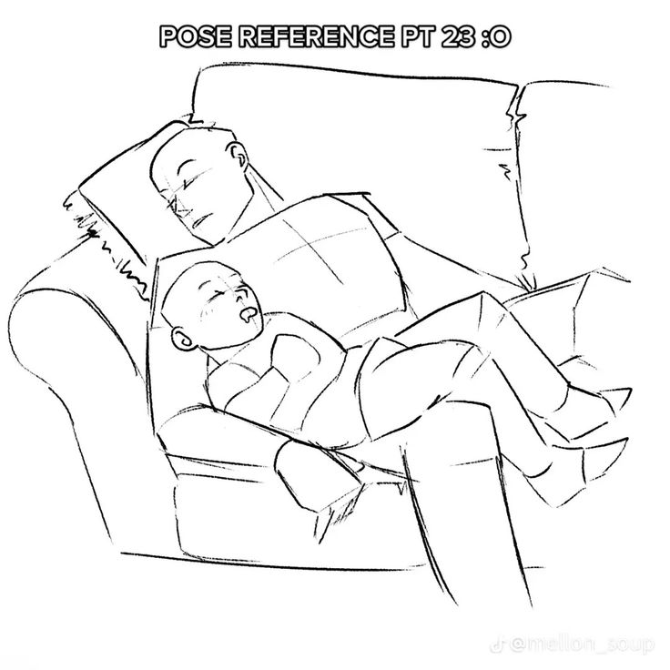 a black and white drawing of a man laying on a couch with a baby in his lap