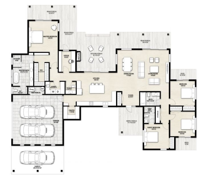 the floor plan for an apartment with three bedroom and two bathrooms, one living room