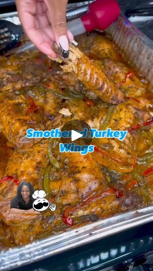 someone cooking some food in a pan with the words smoth and turkey wings on it