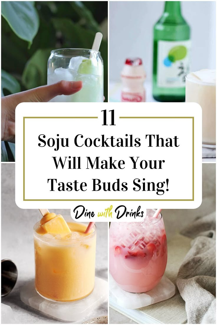 Collage of 4 soju cocktails. Easy Cute Cocktail Recipes, Yogurt Soju Cocktail Recipes, Watermelon Soju Cocktail, Soju Mixed Drinks Recipe, Lychee Soju Cocktail, Sake Mixed Drinks, Strawberry Soju Cocktail Recipes, Chinese Drinks Alcohol, Thai Drinks Alcohol