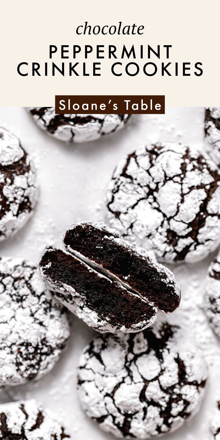 chocolate peppermint crinkle cookies with powdered sugar on top and text overlay