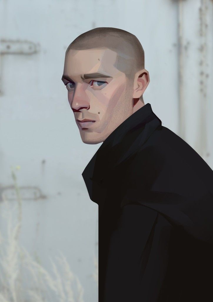 a digital painting of a man in a black shirt with his head tilted to the side