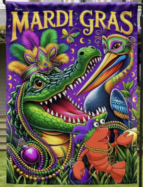 the mardi gras garden flag is on display in front of a house with an alligator