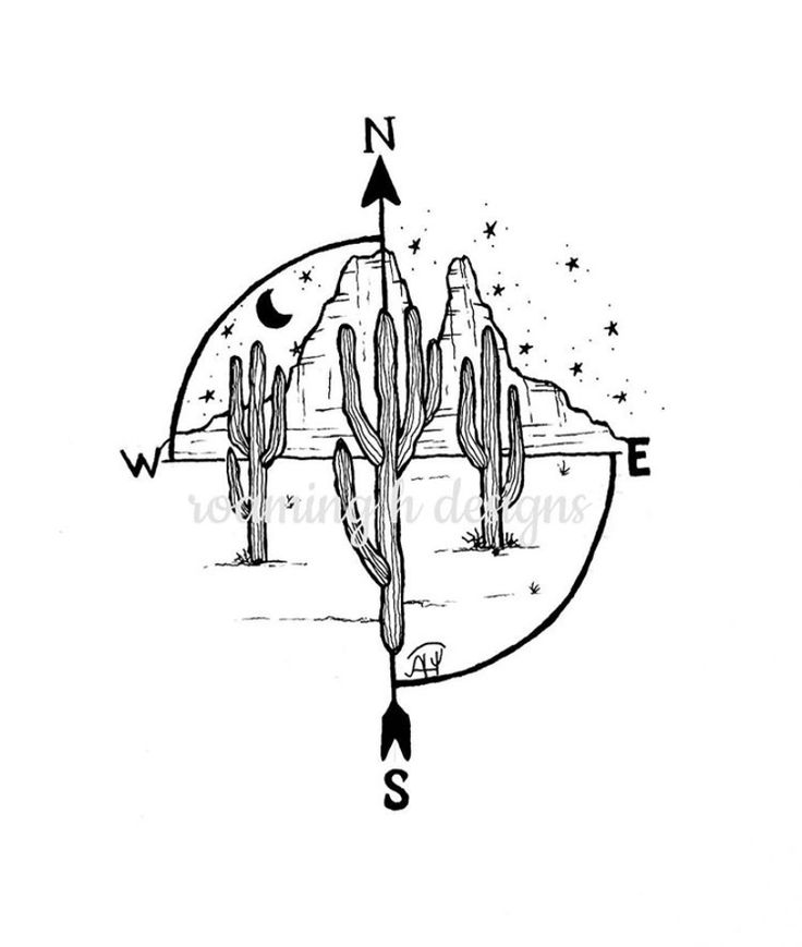 a drawing of a desert with cactuses and mountains in the background, surrounded by stars