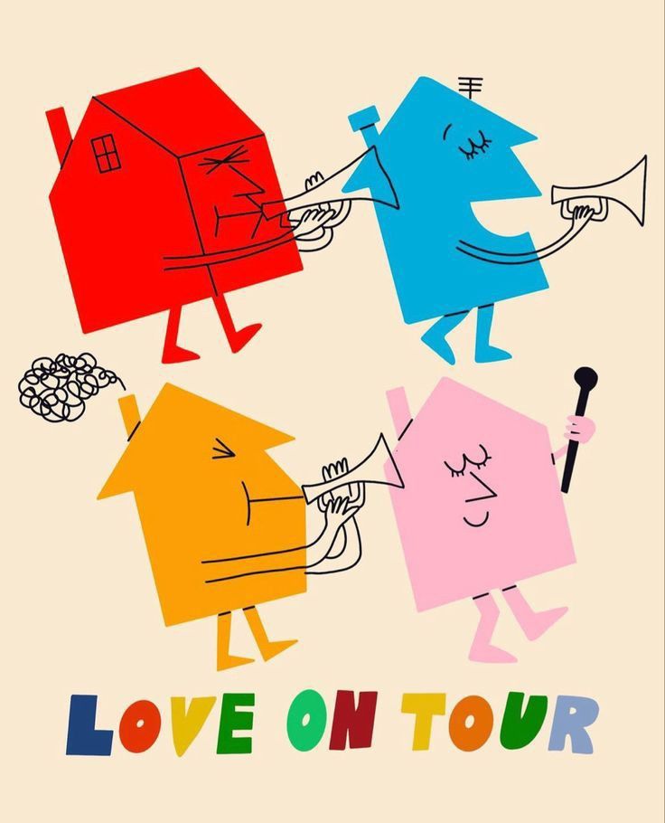 an image of love on tour poster with people playing instruments in front of houses and the words love on tour