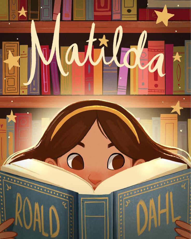 a girl reading a book in front of a bookshelf with the words matilda on it